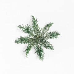 Christmas composition. Snowflake made of pine branches. Christmas, winter, new year concept. Flat...