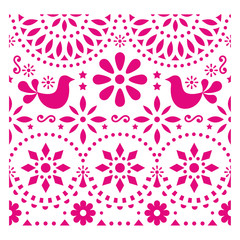 Fototapeta na wymiar Mexican folk art vector pattern with birds and flowers, pink fiesta greeting card design inspired by traditional art form Mexico 