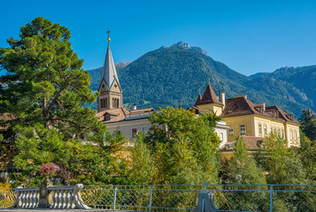 Merano in South Tyrol, a beautiful city of Trentino Alto Adige, View on the famous promenade along...