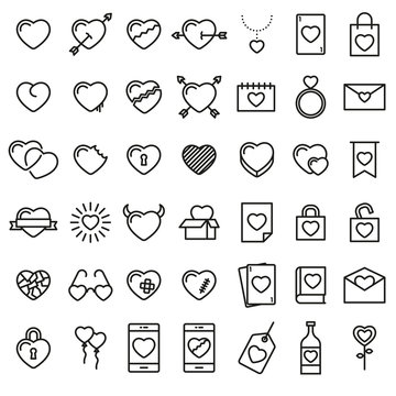 Set of 42 simple icons with heart for Valentine's day, web design, sites, applications, games, stickers…