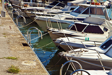 Trieste, sailing boats moored at porticciolo of Lazzaretto, small touristic harbor of the Adriatic sea near the Slovenian border