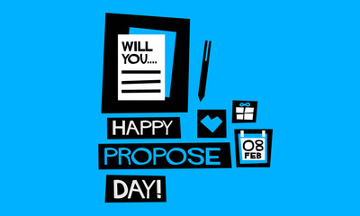 Happy Propose Day 8 February (Flat Style Vector Illustration Love Valentine Week Poster Design) Event Invitation with Venue and Time Details