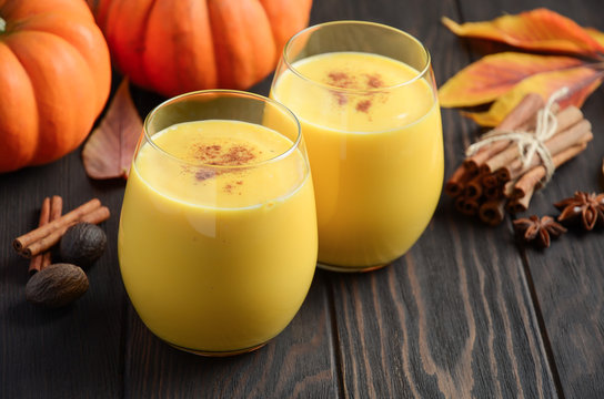 Pumpkin smoothie with spices, selective focus.