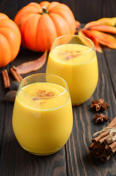 Pumpkin smoothie with spices, selective focus.