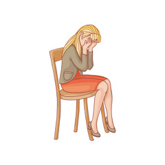 vector flat woman in red skirt, heeled crying sitting at chair. Unhappy female character suffering from frustration, grief. Isolated illustration on a white background. Mental illness concept