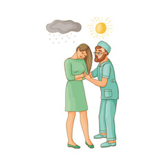 vector flat cartoon doctor showing sun to woman suffering from depression. Unhappy female character with rainy clouds above her. Isolated illustration on a white background. Mental illness concept
