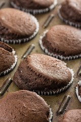 Fresh baked chocolate cup cakes in the baking tray