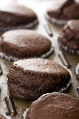 Selective focus on fresh baked chocolate cup cakes in the baking tray