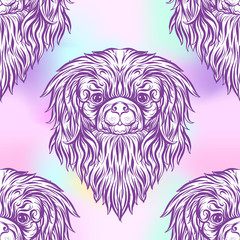 Seamless pattern with black and white graphic drawing of a dog head.