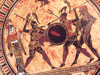 Detail from an old historical greek paint reproduction over a terracotta dish. Unknown mythical...