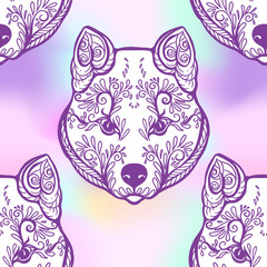 Seamless pattern with black and white graphic drawing of a dog head.