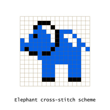Cross-stitch Pixel Art Elephant Animal Vector Set. Brick Style Zoo For Kid Building Kit Toys Or Embroidery Scheme Products.