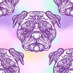 Seamless pattern with black and white graphic drawing of a dog head.