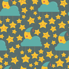 Seamless pattern with the cute sleeping moon, clouds and stars.