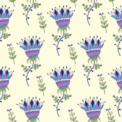 Seamless pattern with colorful flowers and branches. Floral background. EPS10 vector illustration.