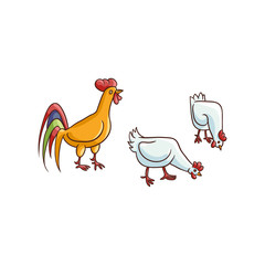 vector cartoon hand drawn sketch brown colored rooster, white chickens set. Isolated illustration on a white background. Farm poultry chicken