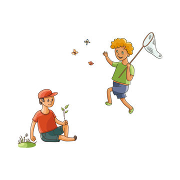 vector flat cartoon teen boys children at meadow scene - one kid collecting field flowers, another catching butterflies. Kids at countryside concept. Isolated illustration on a white background.