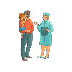vector flat female doctor wearing medical clothing holding clipboard giving the information to man father hloding teen girl kid with toy in hands. Isolated illustration on a hite background.
