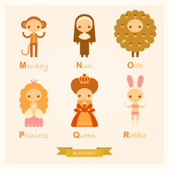 English alphabet with people in amusing costumes. M, N, O, P, Q, R letters