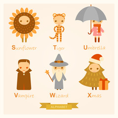 English alphabet with people in amusing costumes. S, T, U, V, W, X letters