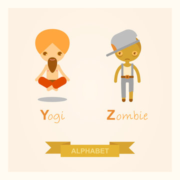 English alphabet with cartoon vector illustrations of the zombie and yogi. Y, Z letters.