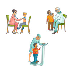 vector flat woman pediatrician cheking teen boy weight, male grey-haired doctor measuring child temperature, female doctor examining boy lungs sitting at chair. Isolated illustration, white background