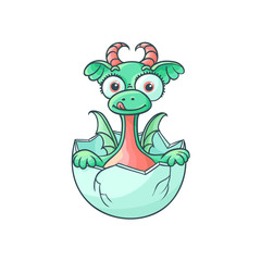 vector flat cartoon funny dragon kid, baby with horns and wings hatching from egg sticking out tongue. Isolated illustration on a white background. Fairy mysterious cute creature character for design