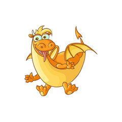 vector flat cartoon funny yellow dragon with horns and wings sticking out tongue. Isolated illustration on a white background. Fairy mysterious cute creature character for your design