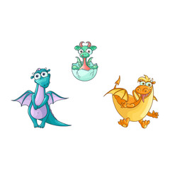 vector flat cartoon funny blue female and red adult, mature dragons with horns and wings and baby hatching from egg cute fairy dragon characters set. Isolated illustration on a white background.