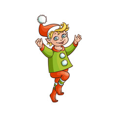 vector flat cartoon hand drawn christmas elf boy dancing or jumping smiling raising hands up. Fairy holiday character in christmas santa hat. Isolated illustration on a white background