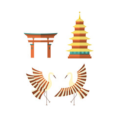 Set of Japanese culture symbols - multi-storied pagoda, crane and torii gate, flat vector illustration isolated on white background. Set of flat Japanese culture icons - pagoda, crane and torii gate