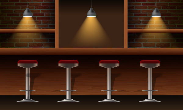 Vector realistic bar, pub interior with brick walls, wooden counter, chairs, shelves and lamps with beam