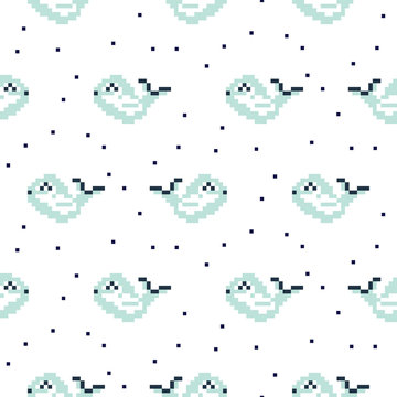 Light blue whale cartoon pixel art seamless vector pattern. Funny kid animal repeat background for textile and wallpaper design.