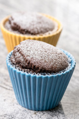 Chocolate cup cakes with powdered sugar in the porcelain bowls above grey granite background