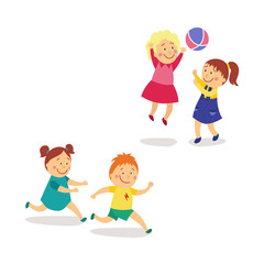 vector flat kids activity in kindergarten set. girl and boy having fun playing catch-up and tag running game, girls play with inflatable ball smiling. Isolated illustration on a white background.