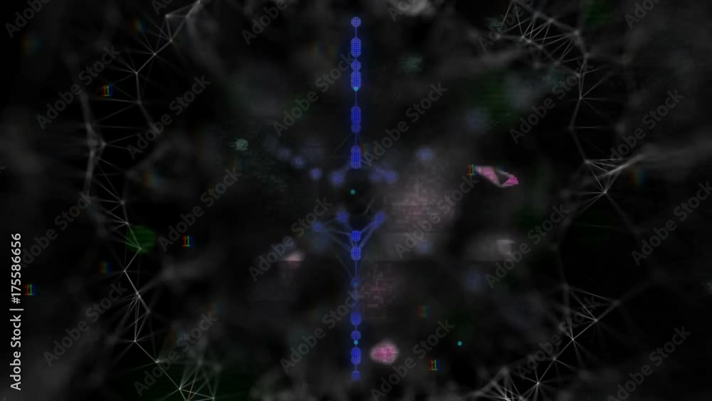 Poster retro future hologram with a central element and a large number of changing soaring particles. cinem