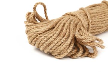 Burlap jute twine coil skein isolated on white