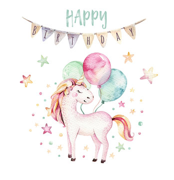 Isolated cute watercolor unicorn invitation card. Nursery unicorns illustration. Princess rainbow unicorns poster. Trendy pink cartoon horse.