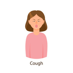 Vector cartoon young sick girl suffering from cough. Flat isolated female character illustration on a white background. Illness and disease symptoms concept