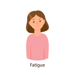 Vector cartoon young sick girl suffering from fatigue. Flat female character isolated illustration on a white background. Illness and disease symptoms concept