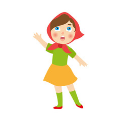 vector flat cartoon children at summer camp concept. Girl in ethnic national clothing singing or playing role at stage. Isolated illustration on a white background.