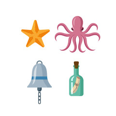 Set of flat style cartoon nautical elements - starfish, octopus, ship bell, message in bottle, vector illustration isolated on white background. Set of flat style nautical objects, decoration elements
