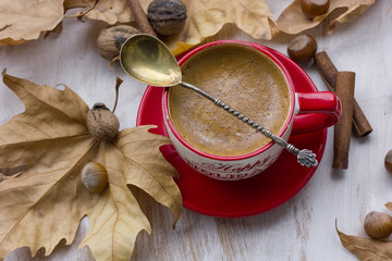 Winter mood: cup of coffee and christmas decoration