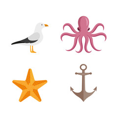 vector flat cartoon nautical, marine symbols set. Golden starfish, pink octopus poulpe, seagull, lighthouse and anchor. Isolated illustration on a white background.