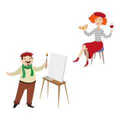 vector flat French parisian woman with croissant and glass of wine sitting at chair male character painter artist with brush near easel with blank canvas set. Isolated illustration on white background
