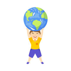 Vector save the planet concept. Flat cartoon happy boy kid lifting earth globe planet high by his hands smiling. Isolated illustration on a white background.