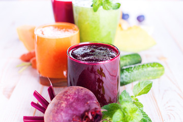 Juices Smoothie Different Glasses Health Concept