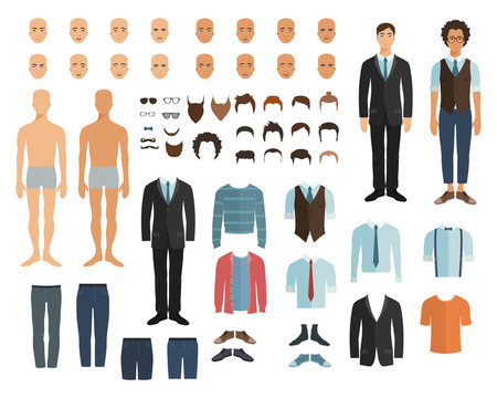 Male character in flat style. Constructor. Choose haircut, clothes and emotion. Vector illustration in flat style.
