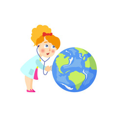 Vector save the planet concept. Flat cartoon girl doctor anxious holding stethoscope examining lungs of earth globe planet. Isolated illustration on a white background.