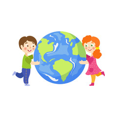 Vector save the planet concept. Flat cartoon happy girl and boy smiling children hugging earth globe planet. Isolated illustration on a white background.